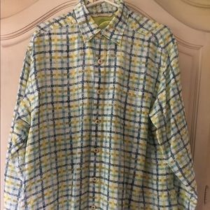 Tommy Bahama Shirt Linen White Blue Green Plaid